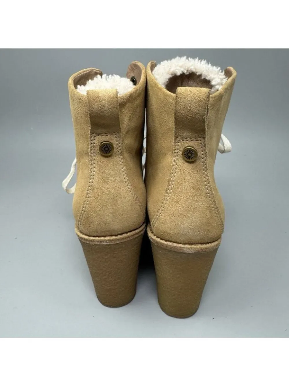 UGG Kiernan Womens 6.5 Sheep Skin Platform Wedge Ankle Lace-up Booties Tan
